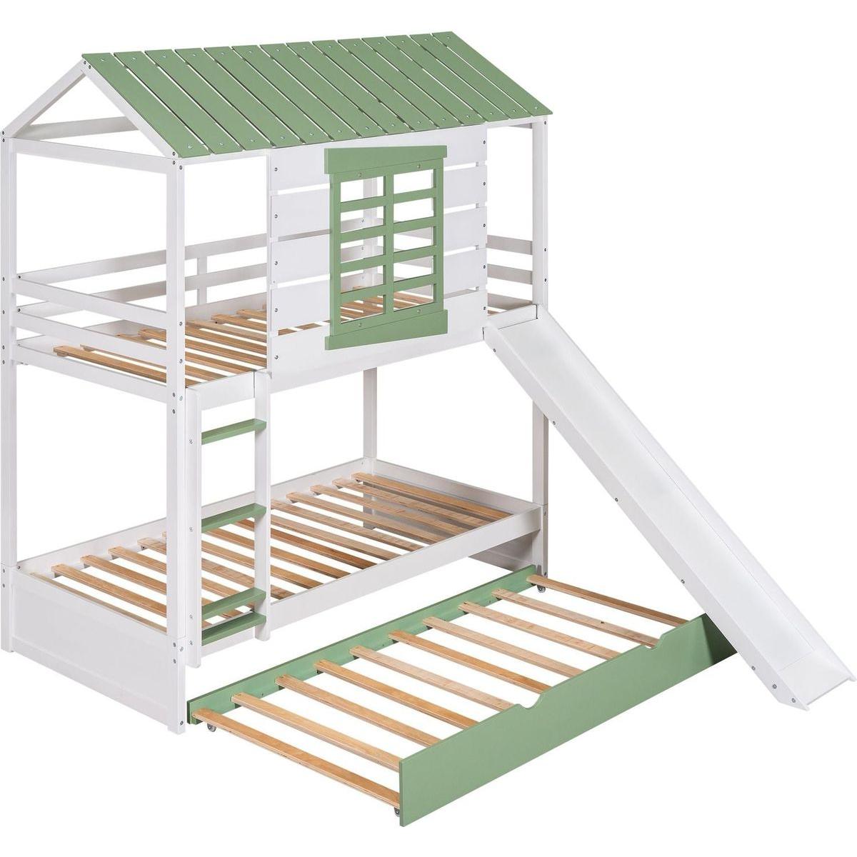 Twin over Twin Size House Bunk Bed with Convertible Slide and Trundle, White+Green