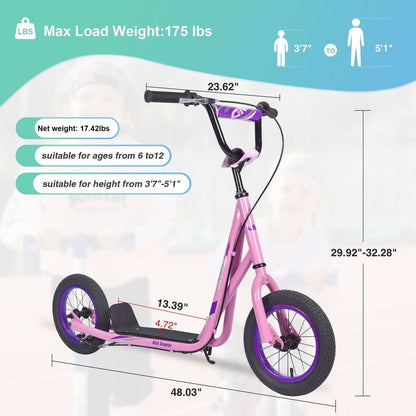 Youth Scooter Kick Scooter for Kids 6+ with Adjustable Handlebar, 12 Inch Inflatable Wheels, Widened non-slip Footboard