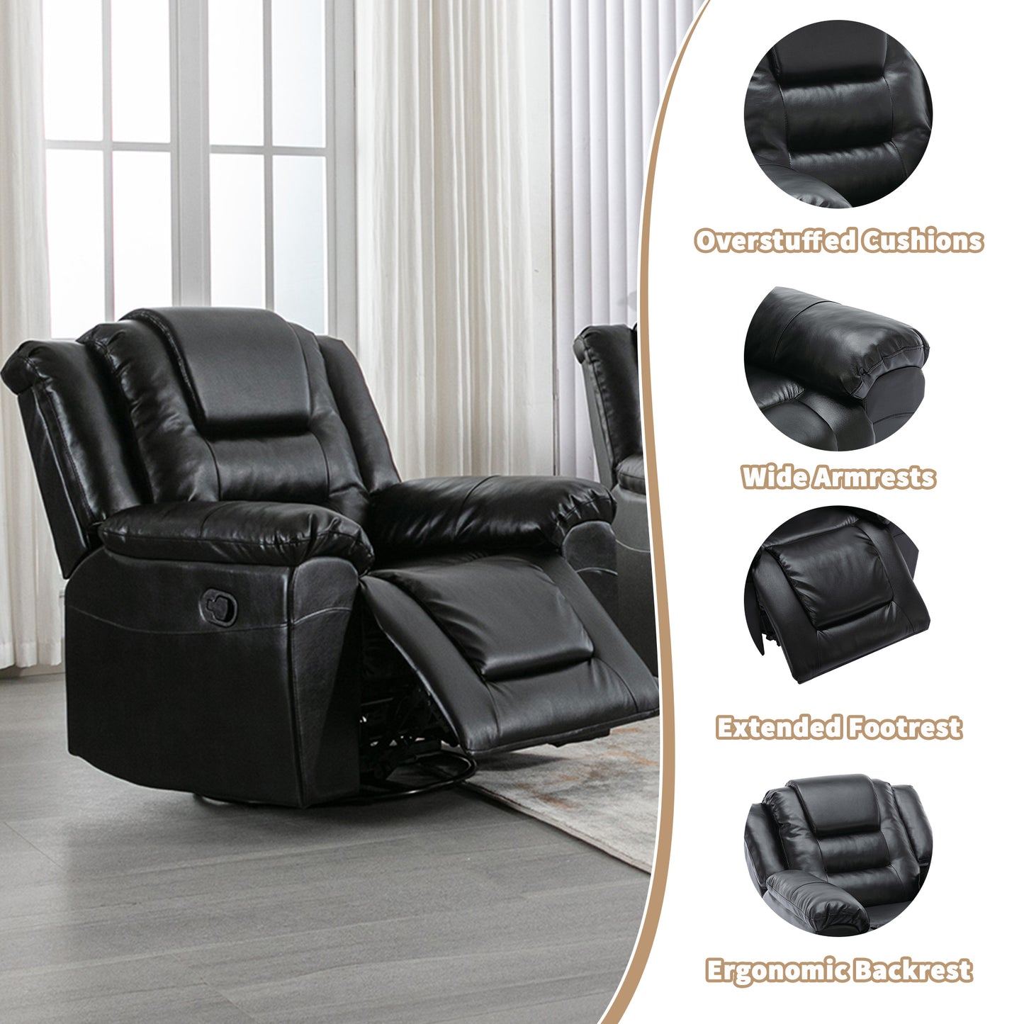 360Swivel and Rocking Home Theater Recliner Manual Recliner Chair with Wide Armrest for Living Room,Bedroom, Black