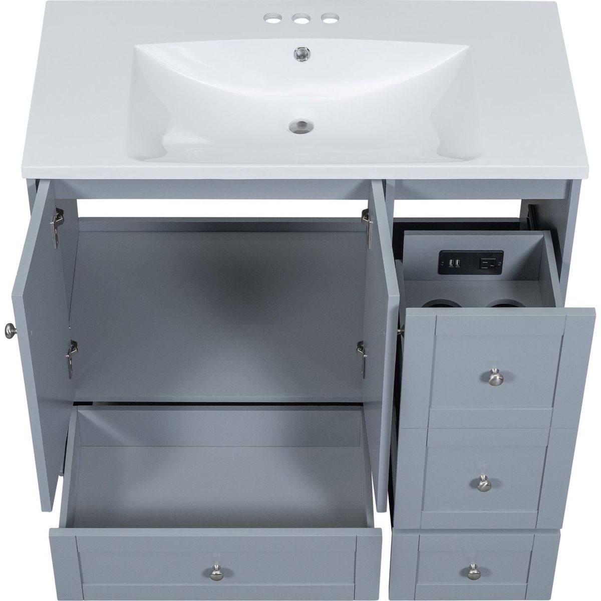 36 Inch Modern Bathroom Vanity with USB Charging, Two Doors and Three Drawers Bathroom Storage Vanity Cabinet with single top, Small Bathroom Vanity cabinet with sink, White & Gray Blue - Faucets Not