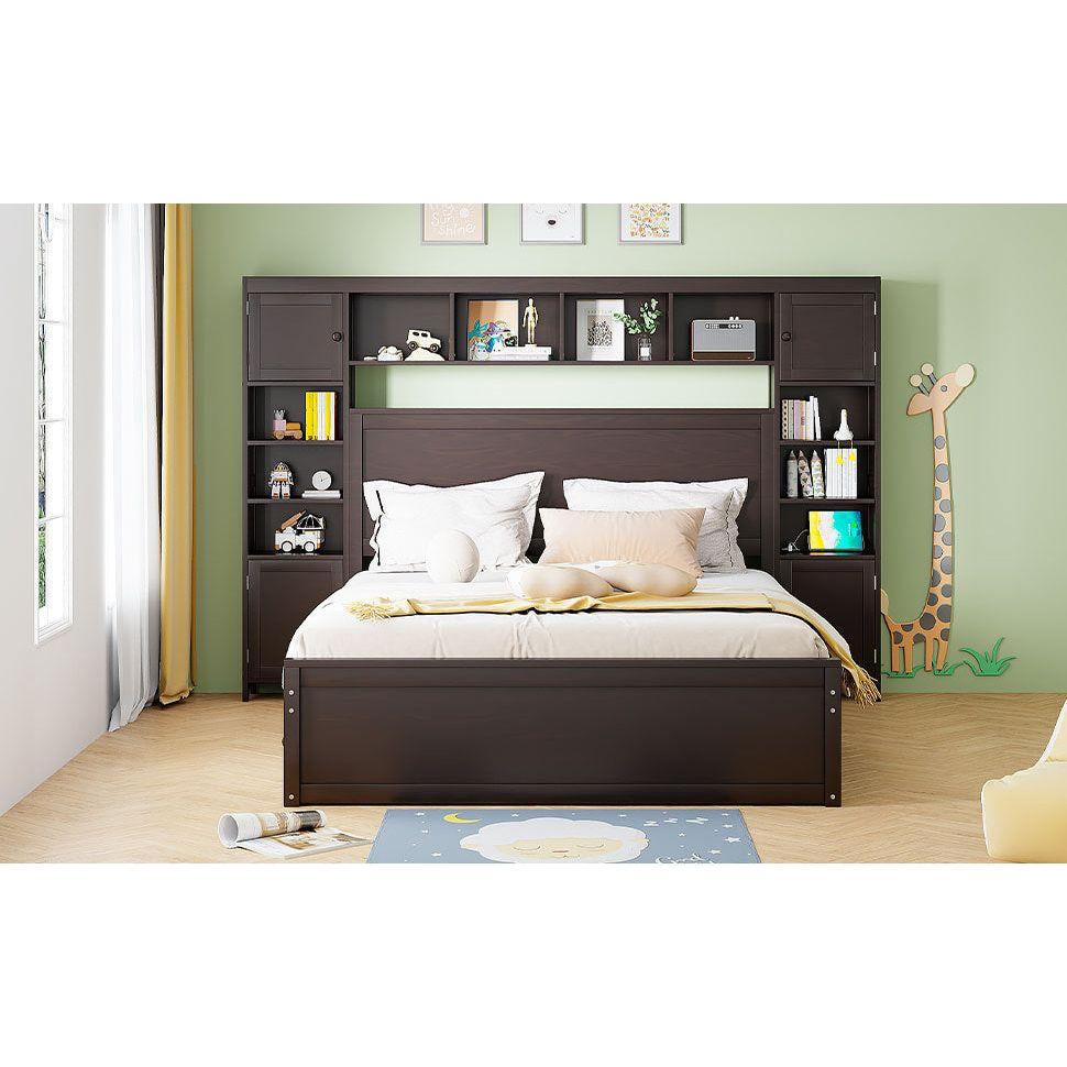 Queen Size Wooden Bed With All-in-One Cabinet, Shelf and Sockets, Espresso