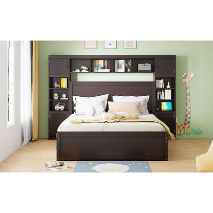 Queen Size Wooden Bed With All-in-One Cabinet, Shelf and Sockets, Espresso