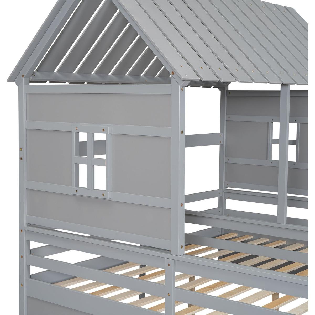 Twin Size House Platform Beds with Two Drawers for Boy and Girl Shared Beds, Combination of 2 Side by Side Twin Size Beds, Gray