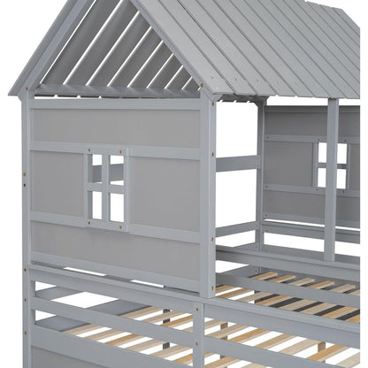 Twin Size House Platform Beds with Two Drawers for Boy and Girl Shared Beds, Combination of 2 Side by Side Twin Size Beds, Gray