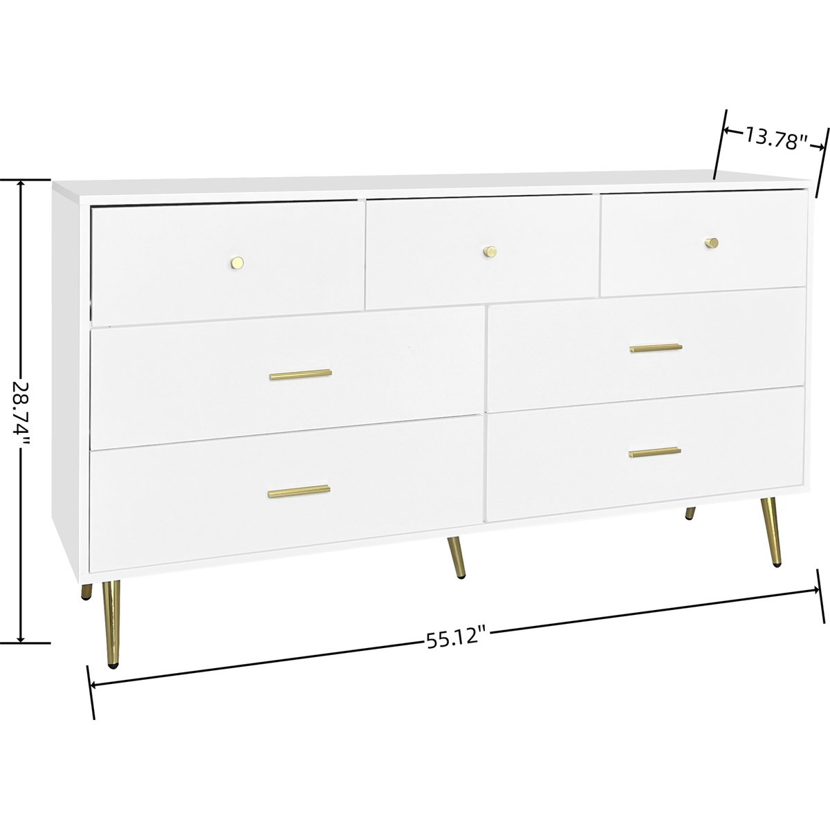 Seven Drawers Large Chest of Drawer Cabinet with Golden Handle and Golden Legs White Color