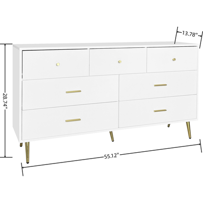 Seven Drawers Large Chest of Drawer Cabinet with Golden Handle and Golden Legs White Color