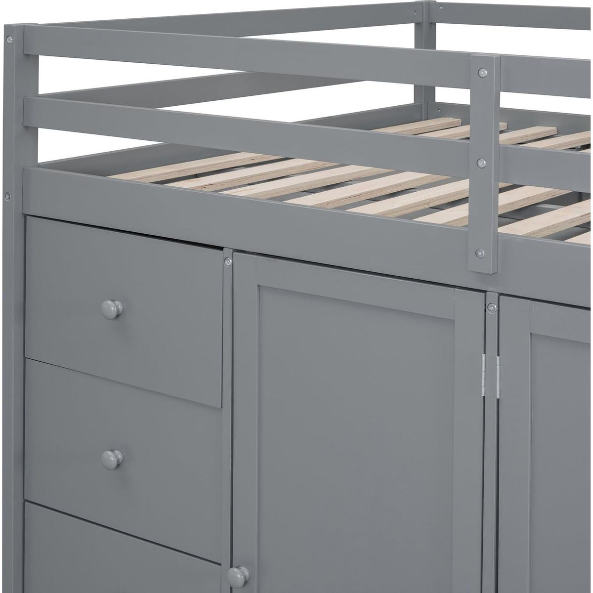 Full Size Wood Loft Bed With Built-in Wardrobes, Cabinets and Drawers, Gray