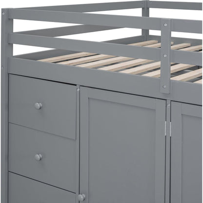 Full Size Wood Loft Bed With Built-in Wardrobes, Cabinets and Drawers, Gray