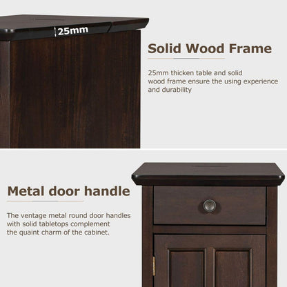 Classic Vintage Livingroom End Table Side Table with USB Ports and One Multifunctional Drawer with cup holders, Antique Espresso