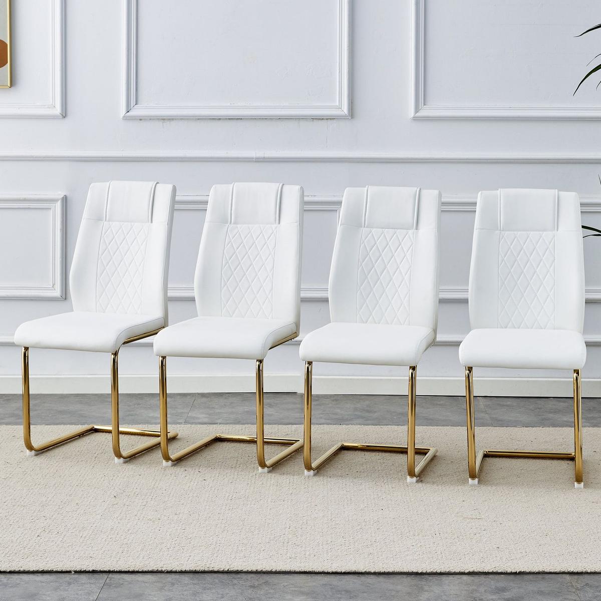 Modern dining chairs, dining room chairs, and golden leg cushioned chairs made of artificial leather, suitable for kitchens, living rooms, bedrooms, and offices. Set of 6 pieces (white+PU)