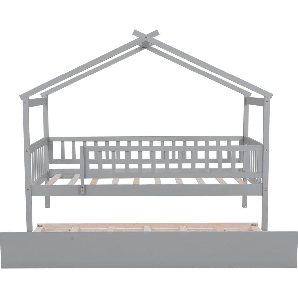 Twin Size Wooden House Bed with Twin Size Trundle, Gray