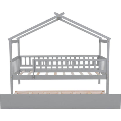 Twin Size Wooden House Bed with Twin Size Trundle, Gray