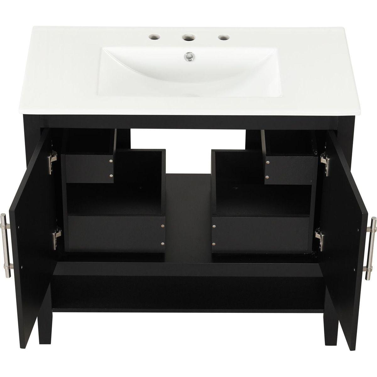 36" Bathroom Vanity with Sink, Multi-functional Bathroom Cabinet with Doors and Drawers, MDF Frame and MDF Board, Black