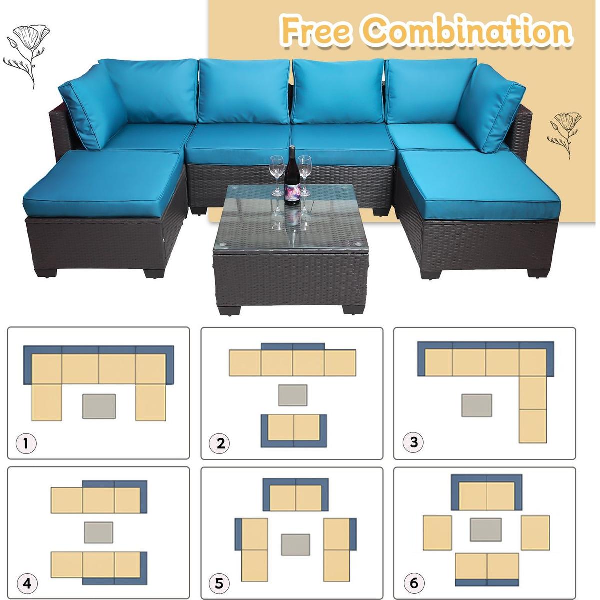 Outdoor Garden Patio Furniture 7-Piece PE Rattan Wicker Cushioned Sofa Sets and Coffee Table, patio furniture set;outdoor couch;outdoor couch patio furniture;outdoor sofa;patio couch