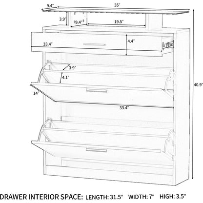 Slim Entryway Organizer with 2 Flip Drawers, Tempered Glass Top Shoe Storage Cabinet with Drawer, Free Standing Shoe Rack with LED Light for Hallway, White