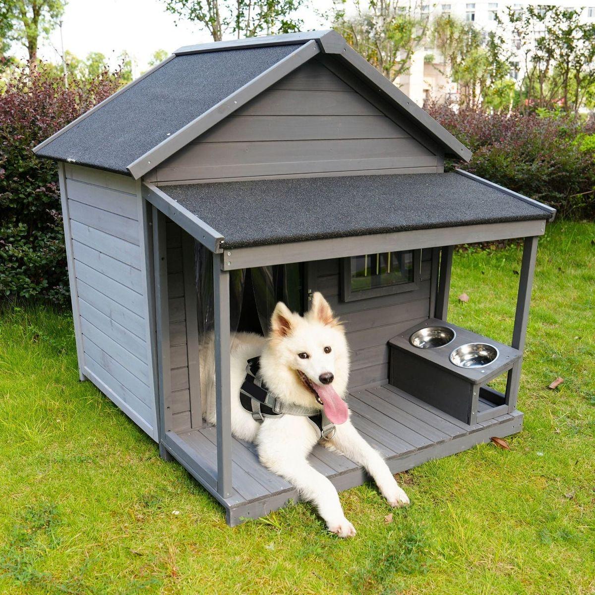 Large balcony doghouse, 44.2" long x 44.6" wide x 44.6" high solid wood asphalt roof dog house for large dogs with large terrace, weatherproof large dog house,Complimentary a good cleaning mat