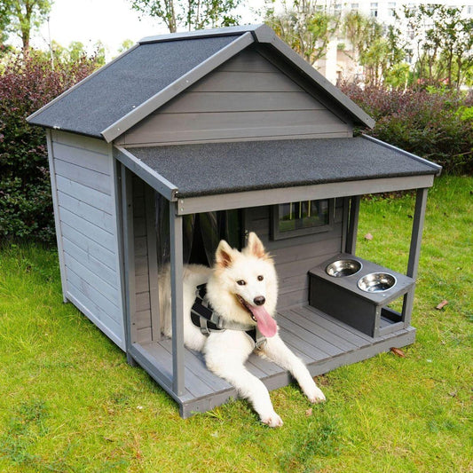 Large balcony doghouse, 44.2" long x 44.6" wide x 44.6" high solid wood asphalt roof dog house for large dogs with large terrace, weatherproof large dog house,Complimentary a good cleaning mat