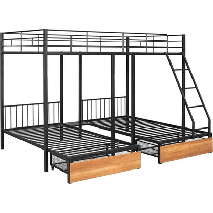 Full Over Twin & Twin Bunk Bed, Metal Triple Bunk Bed with Drawers and Guardrails, Black