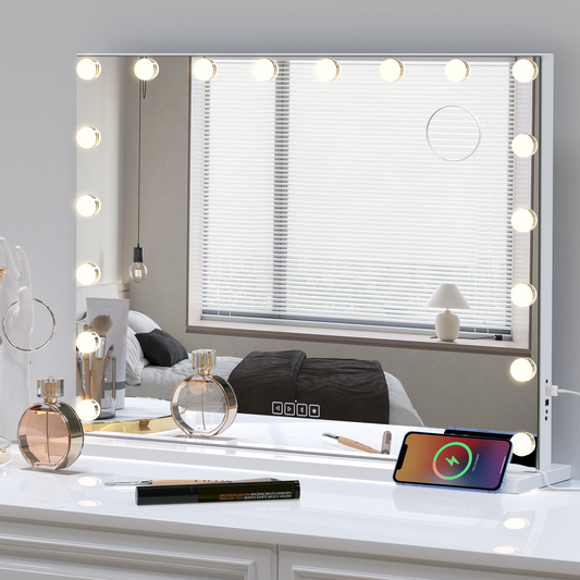 Hollywood Vanity Mirror with Speaker and Lights: 18 Bulbs, 3 Light Colors, Adjustable Brightness, USB Charging Port - Tabletop or Wall Mountable Beauty Mirror for Bedroom