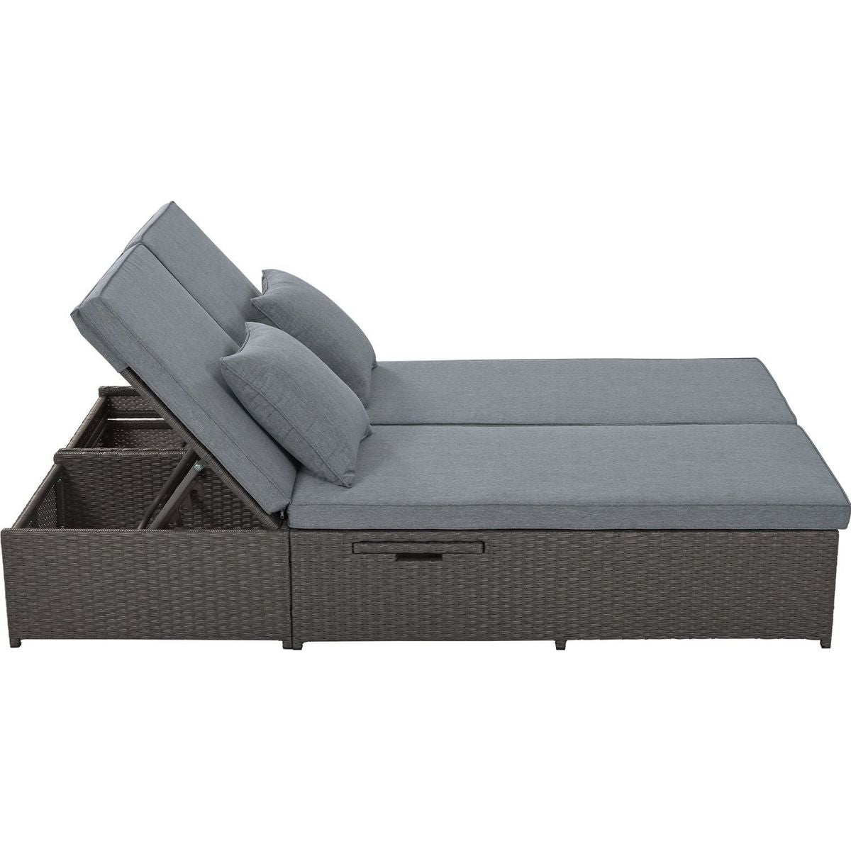 Outdoor Double Sunbed, Wicker Rattan Patio Reclining Chairs with Adjustable Backrest and Seat, Conversational Set for 2 Person, Gray