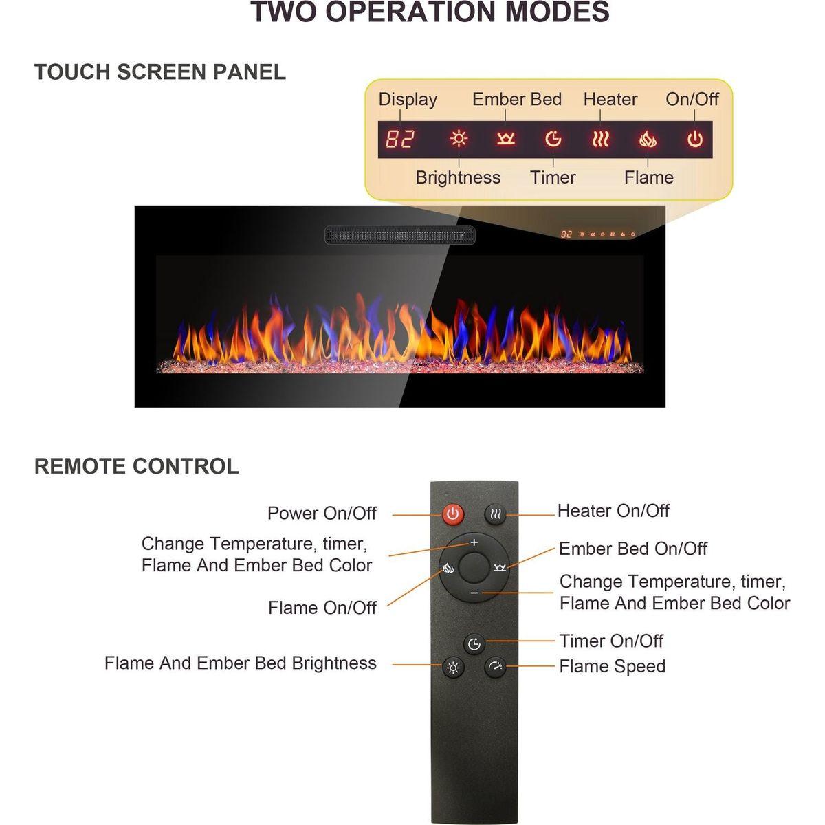 36 inch recessed ultra thin tempered glass front wall mounted electric fireplace with remote and multi color flame & emberbed, LED light heater