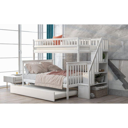 Twin over Full Bunk Bed with Trundle and Staircase,White