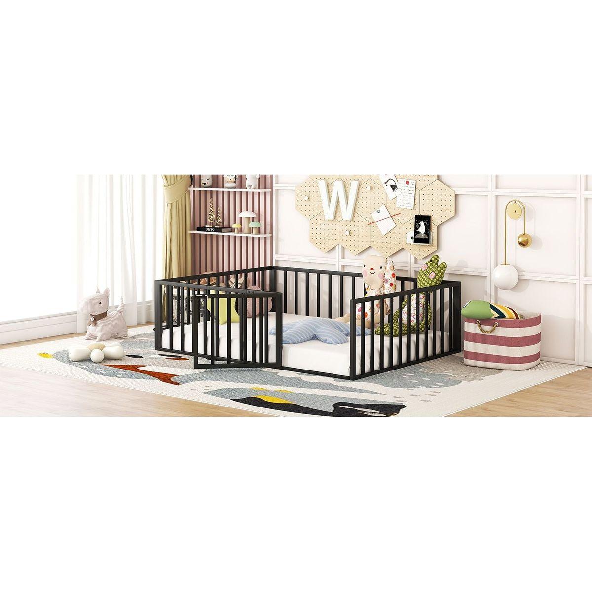 Full Size Metal Floor Bed Frame with Fence and Door, Black