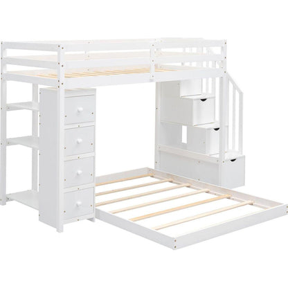 Twin Over Full Bunk Bed with 3-layer Shelves, Drawers and Storage Stairs, White