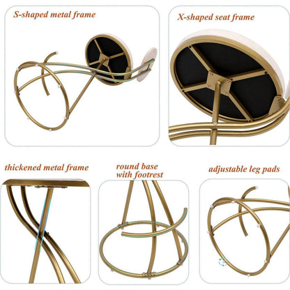 Round Bar Stool Armless Velvet Barstools with Back Set of 2 Upholstered Counter Chair for Dining Room, Kitchen Island (Gold & Creamy White)