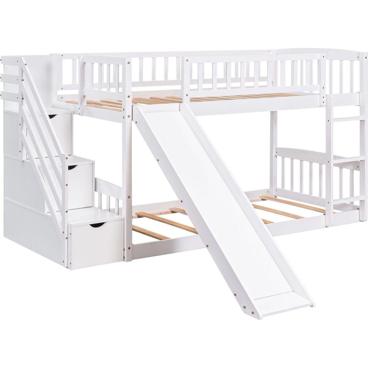 Stairway Twin over Twin Bunk Bed with Two Drawers and Slide, White