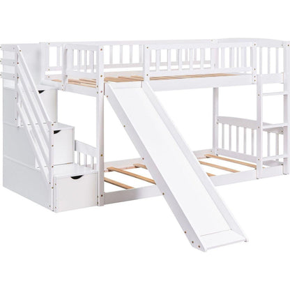 Stairway Twin over Twin Bunk Bed with Two Drawers and Slide, White