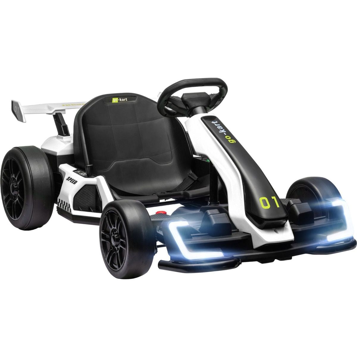24V 7.5 MPH Electric Go Kart with Adjustable Seat, Drifting Car Battery Powered Ride on Toy Outdoor with Slow Start, Button Start, Music, Honking Horn, Lights, for 6-12 Years Old, White