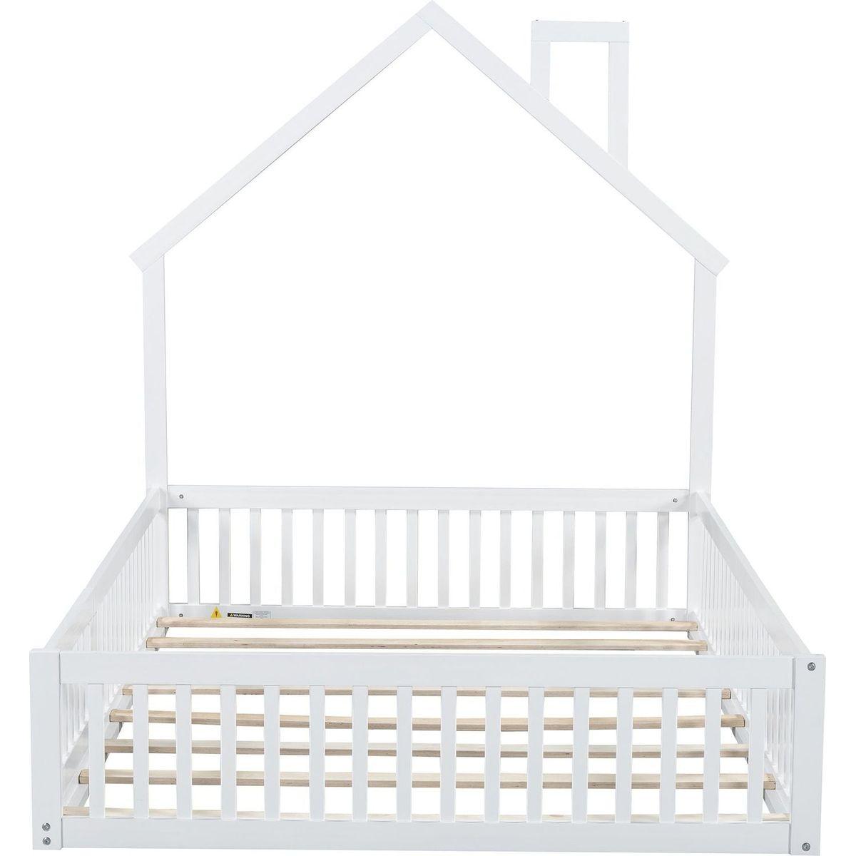 Wood Full Size House Platform Bed with Guardrail, White