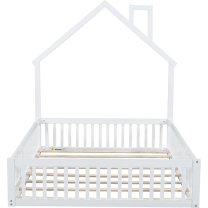 Wood Full Size House Platform Bed with Guardrail, White