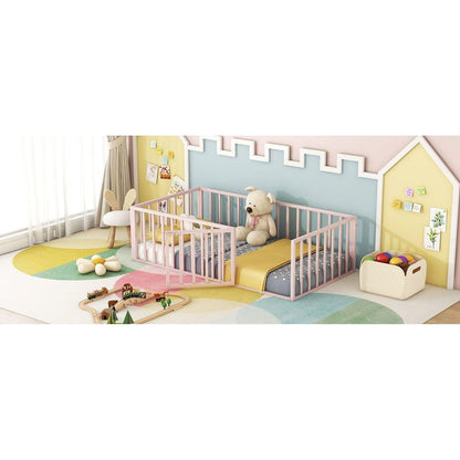 Twin Size Metal Floor Bed Frame with Fence and Door, Pink