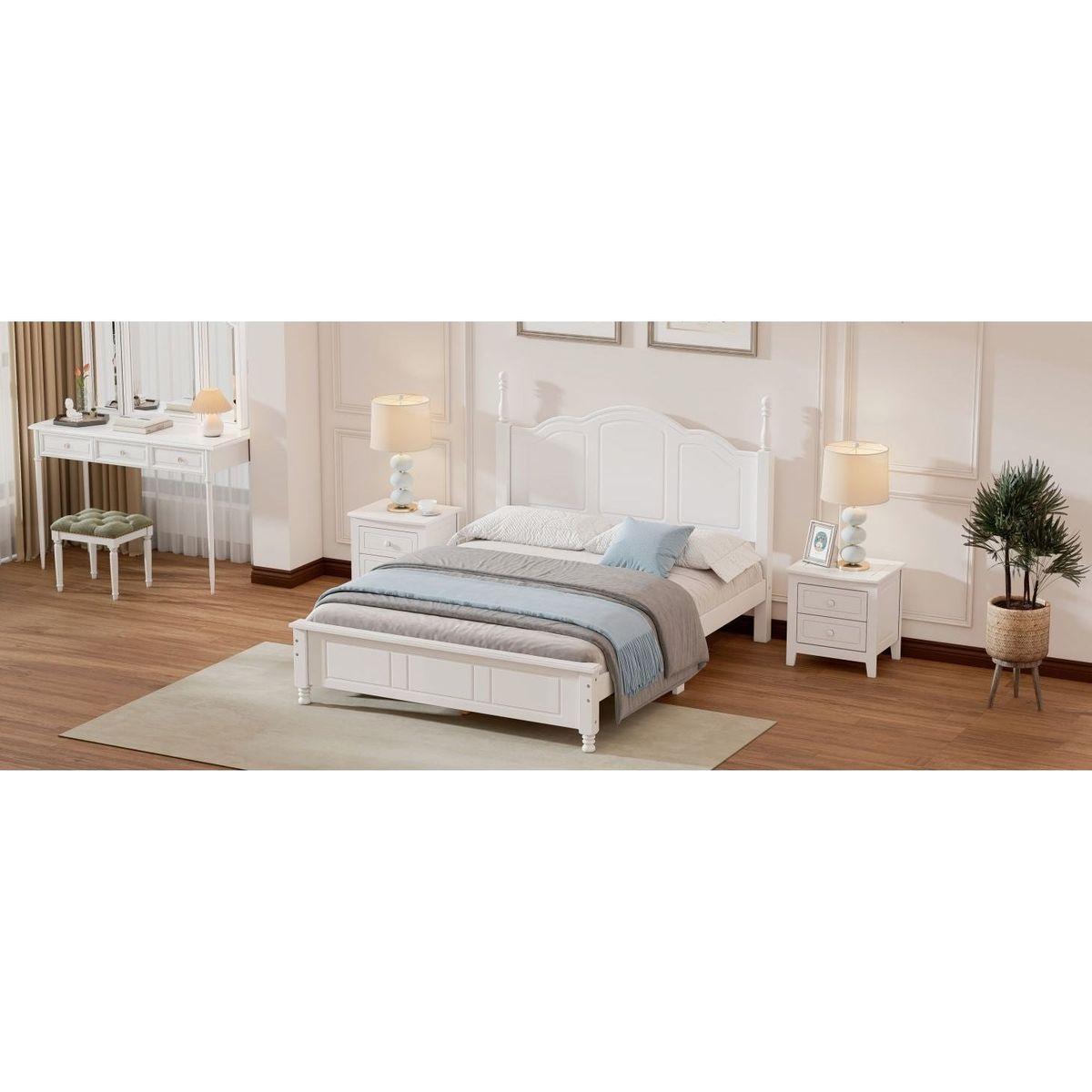 Full Size Wood Platform Bed Frame,Retro Style Platform Bed with Wooden Slat Support,White