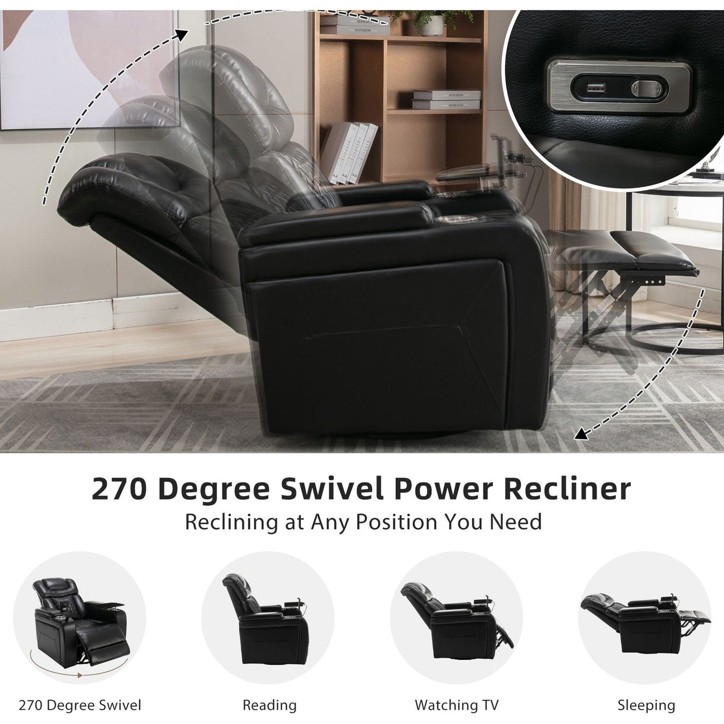 270 Degree Swivel PU Leather Power Recliner Individual Seat Home Theater Recliner with Comforable Backrest, Tray Table, Phone Holder, Cup Holder, USB Port, Hidden Arm Storage for Living Room, Black