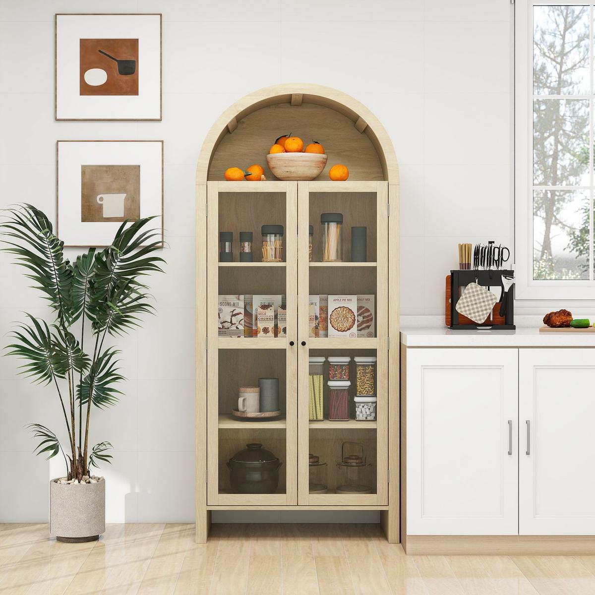 70.28" Tall Arched Kitchen Pantry, Modern Farmhouse Wood Kitchen Storage Cabinets ,Arched Storage Display Cabinet with Adjustable Shelves, Versatile Cupboard for Kitchen, Dining Room, Living Room