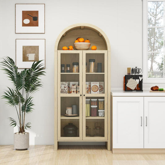 70.28" Tall Arched Kitchen Pantry, Modern Farmhouse Wood Kitchen Storage Cabinets ,Arched Storage Display Cabinet with Adjustable Shelves, Versatile Cupboard for Kitchen, Dining Room, Living Room