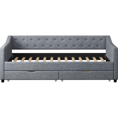 Twin Size Daybed with Drawers Upholstered Tufted Sofa Bed, with Button on Back and Piping on Waved Shape Arms-Light Grey