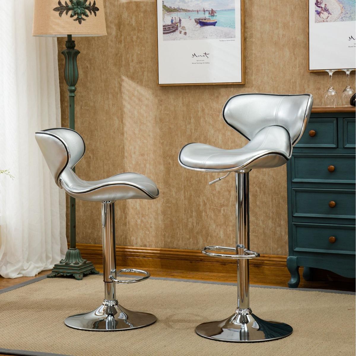 Masaccio Upholstery Airlift Adjustable Swivel Barstool with Chrome Base, Set of 2, Silver - Streamdale Furniture