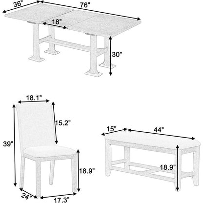 Farmhouse 76inch 6-Piece Extendable Dining Table Set Trestle Kitchen Table Set with 18inch Removable Leaf and Upholstered Dining Chair and Bench for Dining Room, Natural