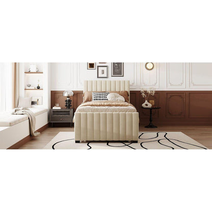 Twin Size Velvet Upholstered Platform Bed with Twin Size Trundle, Beige