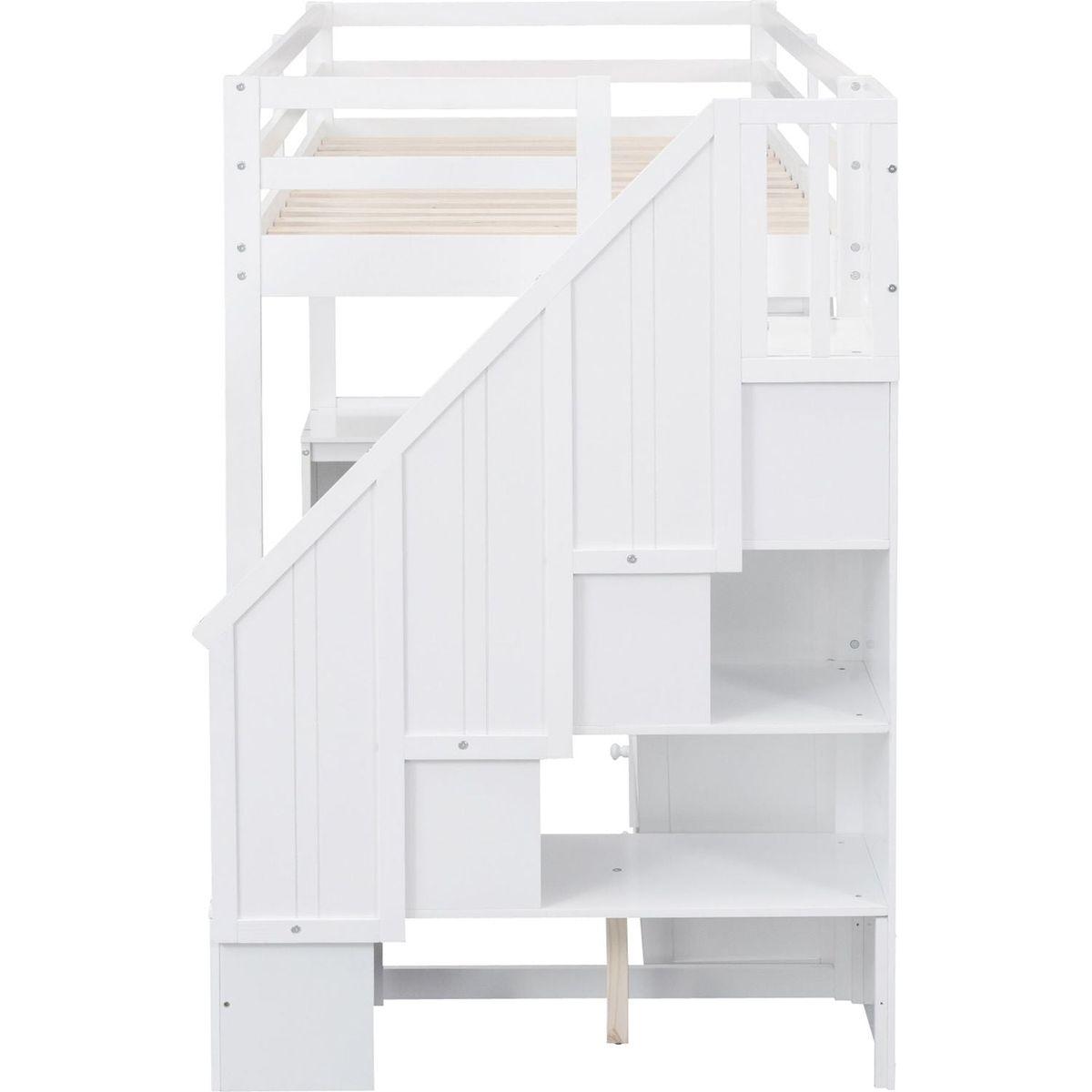 Twin Size Loft Bed with L-Shaped Desk and Drawers, Cabinet and Storage Staircase, White