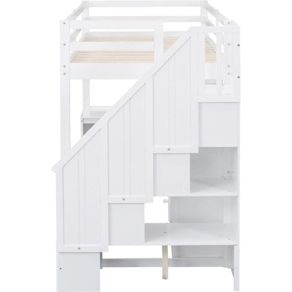 Twin Size Loft Bed with L-Shaped Desk and Drawers, Cabinet and Storage Staircase, White