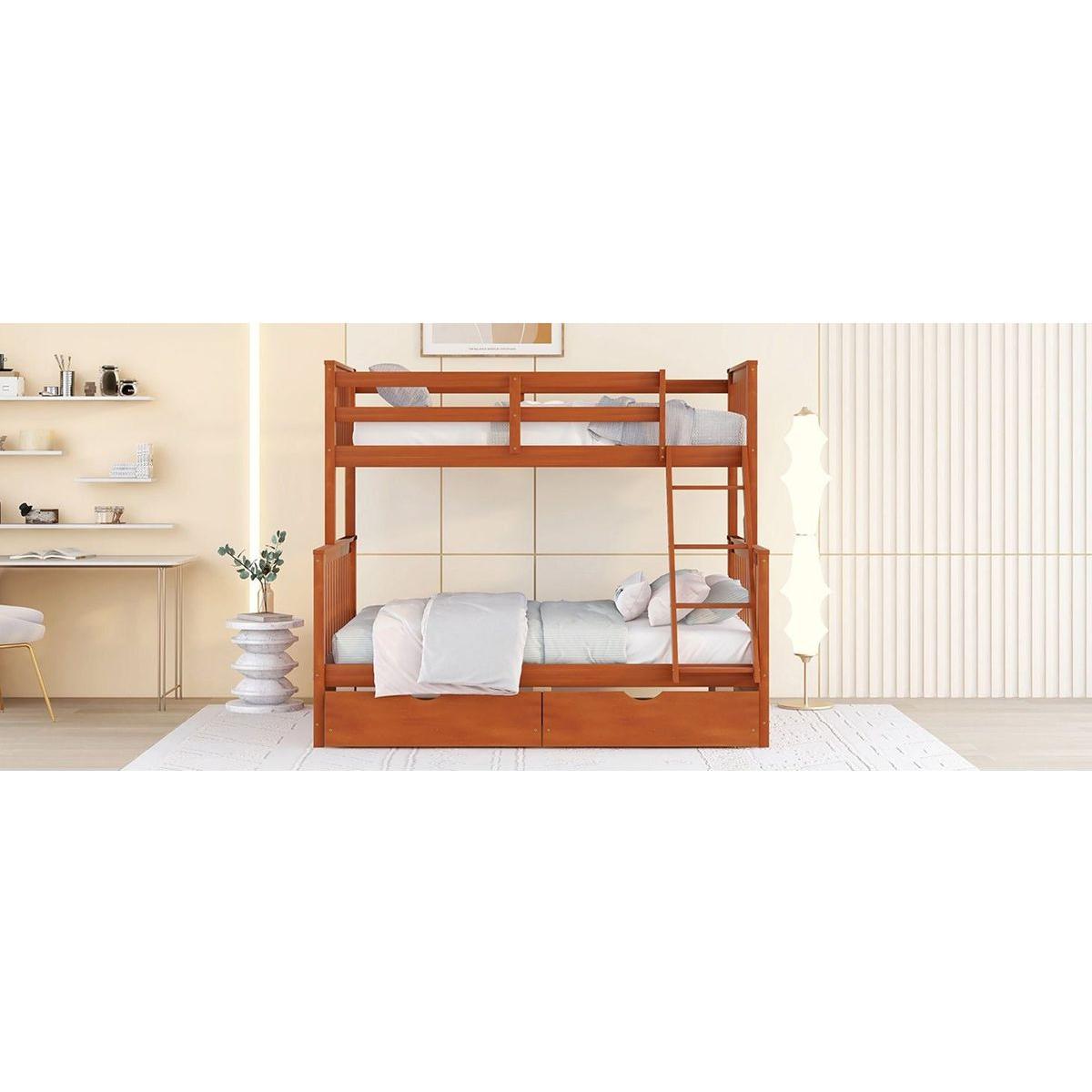 Twin-Over-Full Bunk Bed with Ladders and Two Storage Drawers (Walnut) { o