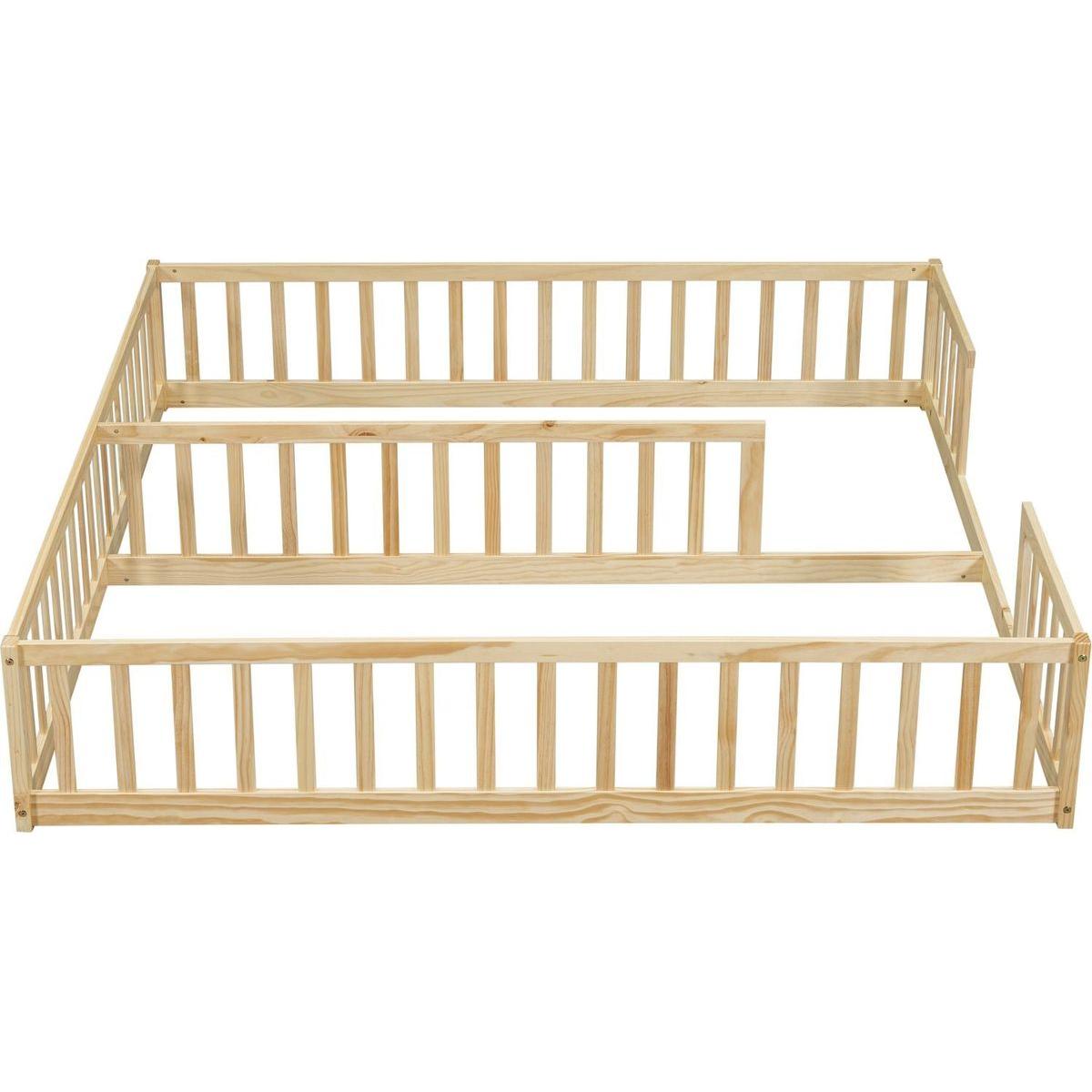 Double Twin Floor Bed with Fence, Guardrails, without door, Natural