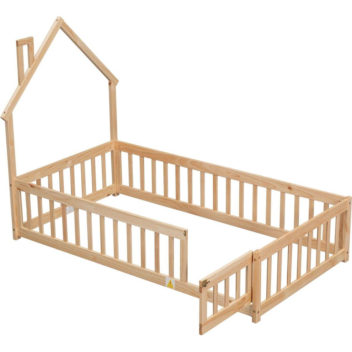 Twin House-Shaped Headboard Floor Bed with Fence ,Natural