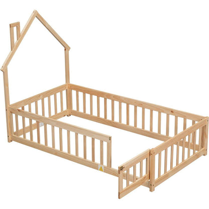 Twin House-Shaped Headboard Floor Bed with Fence ,Natural