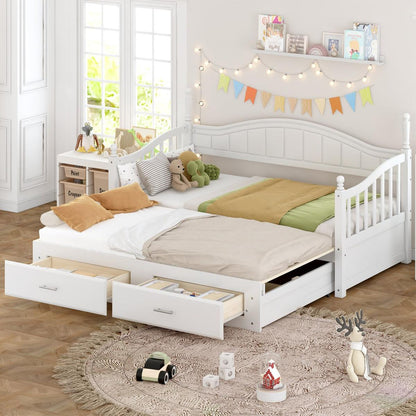 Wooden Twin Size Daybed with Twin Size Trundle, Extendable Daybed with Two Storage Drawers,White